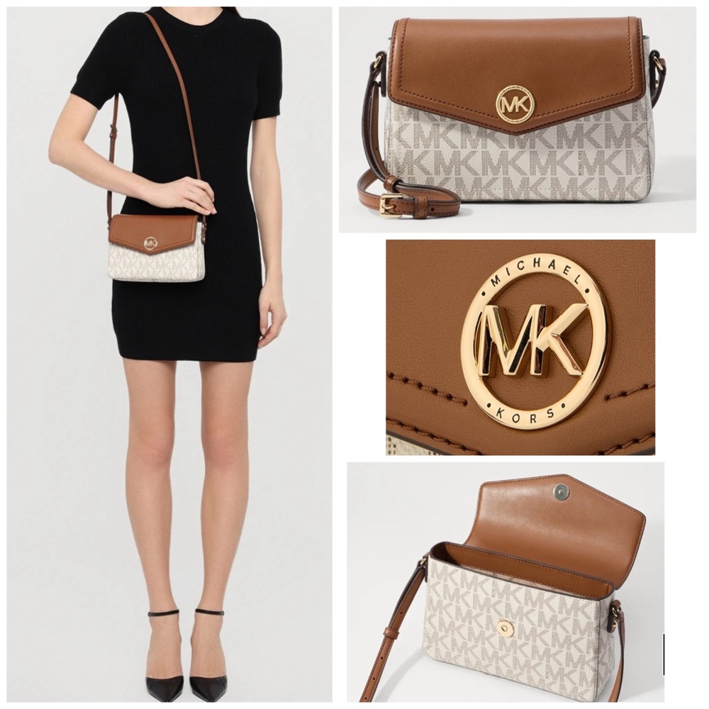 Michael Kors Vanilla Brown MK Print Crossbody Bag